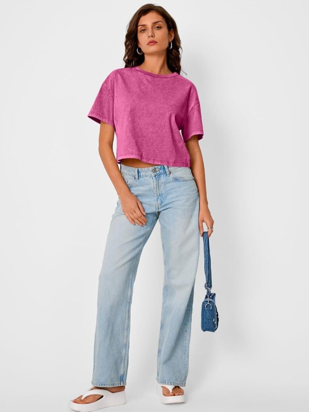 Women's Hot Pink Short Sleeve ACID Wash Casual Summer Baggy Cotton Crop Tops - Picture 5 of 5
